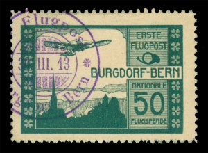 SWITZERLAND 1913 AIRMAIL Pioneer Flight Burgdorf-Bern 50c green Zumstein IV used