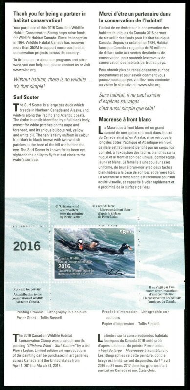 CANADA 2016 DUCK STAMP ARTIST SIGNED IN FOLDER AS ISSUED SURF SCOTERS LEDUC