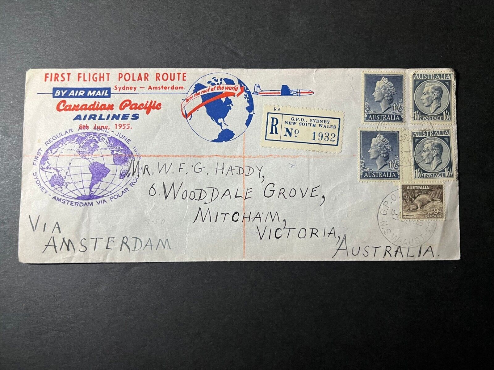 1955 Registered Australia Airmail FFC Cover Sydney to Mitcham Vic Polar