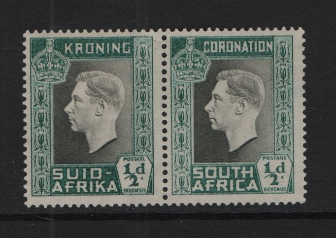 South Africa #74  MNH 1937  coronation  .   1/2d .  pair . Afrikaans left