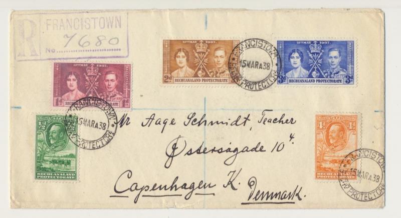 BECHUANALAND TO DENMARK 1938, REG COVER WITH CORONATION SET+GV ½d&4d(SEE BELOW