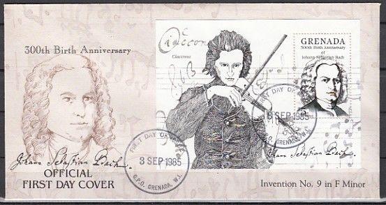 Grenada, Scott cat. 1312-1315. Composer Bach s/sheet. First Day Cover.