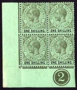 Gibraltar SG81b 1/- Olive back Chalky Paper Mult Crown CA Plate Block (2 x U/M)