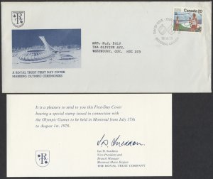 1976 Canada #682 20c Olympic Ceremonies FDC Royal Trust Cachet + Insert #10 Size