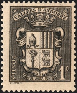 Andorra (French) #65  MNH - 1c blk Coat of Arms (1937)