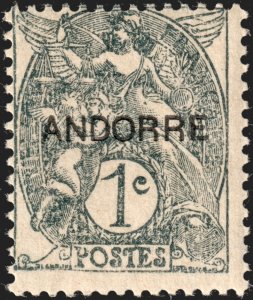 Andorra (French) #1  MNH - 1c gray French Stamp Overprinted (1931)