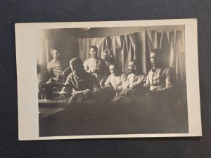 WWI German Soldiers w Sewing Machine Uniform Guitar Interior Photo Postcard