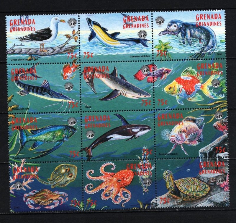 GRENADA GRENADINES 1998 FISH & MARINE LIFE SHEET OF 12 STAMPS MNH