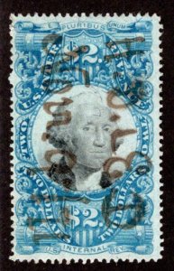 R123 - $2 - Blue and Black - US Second Issue Revenue Stamp, Beautiful MS Cancel