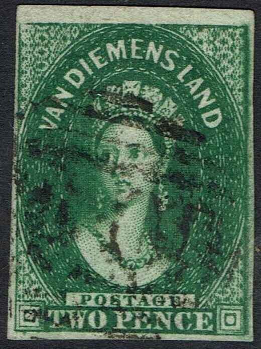 TASMANIA 1855 QV CHALON 2D DEEP GREEN WMK STAR USED 