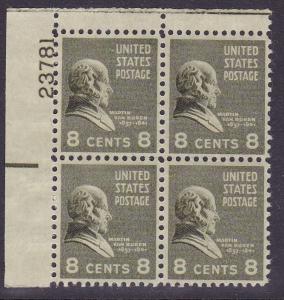 United States 1938 'Prexies' Plate Number Block of Four. 8c M.Van Buren   VF/NH