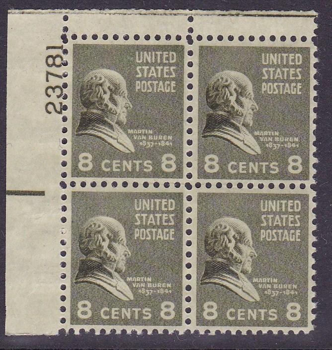 United States 1938 'Prexies' Plate Number Block of Four. 8c M.Van Buren   VF/NH