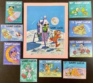 St Lucia Disney Moonwalk Souvenir Sheet plus 9 singles 1980