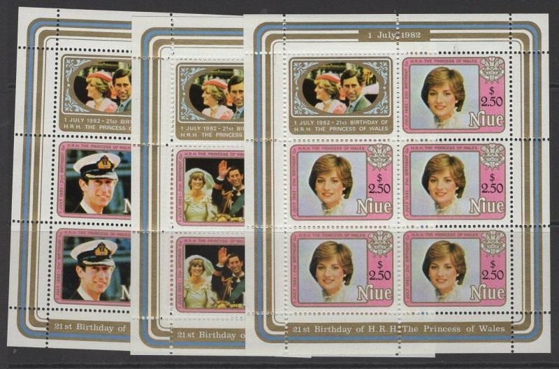 NIUE SG454/6 1982 21st BIRTHDAY OF PRINCESS DIANA SHEETLETS MNH