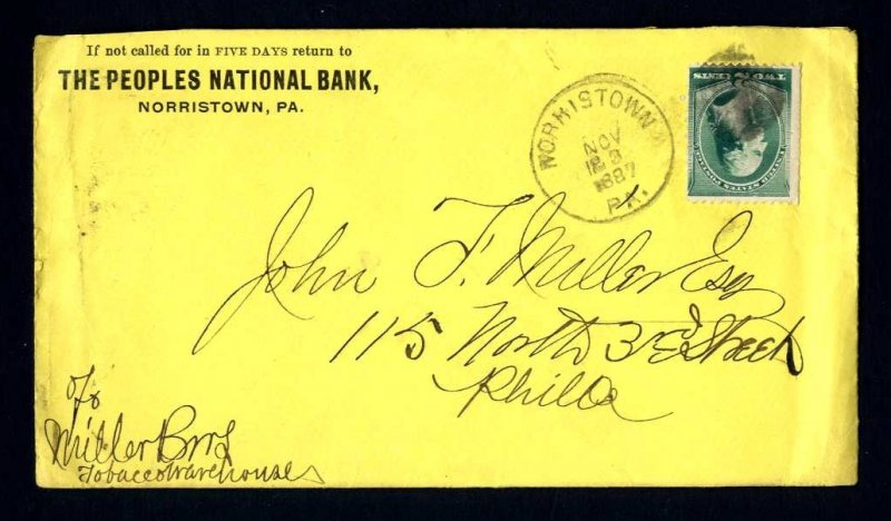 # 213 Peoples National Bank, Norristown, PA  to Philadelphia, PA - 11-23-1887