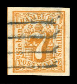 German States, Hamburg #6 Cat$47.50, 1859 7s orange, used, wide margins