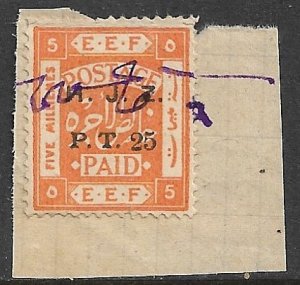 PALESTINE c1920 25PT on 5m HJZ Hejaz Jordan Zone Revenue Bale 210 VFU on Piece