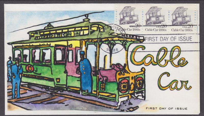 US Sc 2263, PNC 1 FDC. 1988 20c Cable Car, Strip of 3, Colortone Cachet 