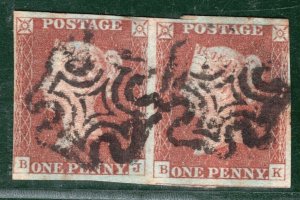 GB QV 1841 PENNY RED Stamps 1d PAIR (BJ-BK) MALTESE CROSS MX Used c£120+ ORED30