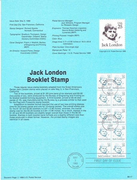 US SP724a Jack London Souvenir Page #2197a Bklt Pane of 10