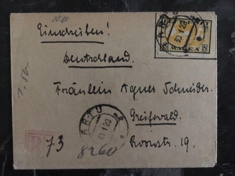 1920 Tartu Estonia Register Cover to Germany