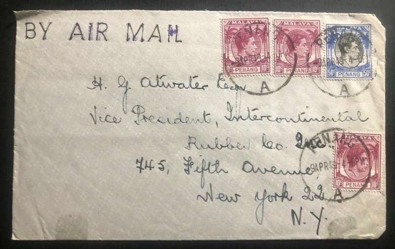 1949 Penang Malaya Airmail Commercial Cover To Rubber Co New York USA