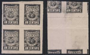 COLOMBIA CARTAGENA 1901 Sc 185 IMPERF BLOCKx4 W/O OVPT PRINTED ON BOTH SIDES 