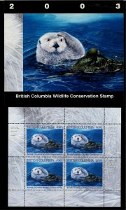 BRITISH COLUMBIA  #9 2003 SEA OTTER CONSERVATION STAMP MINI SHEET IN FOLDER