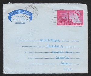 GREAT BRITAIN Aerogramme 6d Queen & parliament 1960 Southampton cancel to USA!