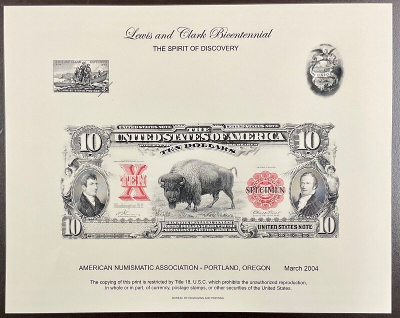 BEP B270 Souvenir Card $10 US Note  Bison, Lewis & Clark