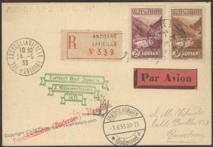 French Andorra 1933 Zeppelin LZ127 2nd SAF Mi305Ia Barcelona Spain Cover 109234