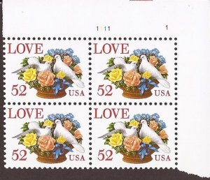 US Stamp - 1994 52c Love Flowers & Doves - 4 Stamp Plate Block #2815