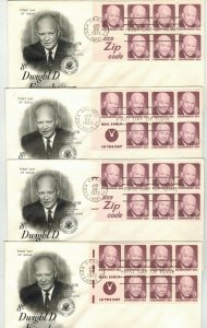 DWIGHT EISENHOWER BOOKLET PANES FDCs 1395d SET OF 4 With/Without Selvage Bars