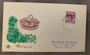 Malacca 1954 first day cover, 10c QEII.  Nice cachet with tiger and bird