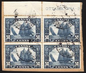 Canada #158 50c Dark Blue1929 Bluenose Used Plate A-2 Block of 4 on Piece Scarce