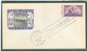 US 898 1940 3c Coronado's Expedition of Discovery; 400th year anniversary on an unaddressed FDC with an Ioor cachet