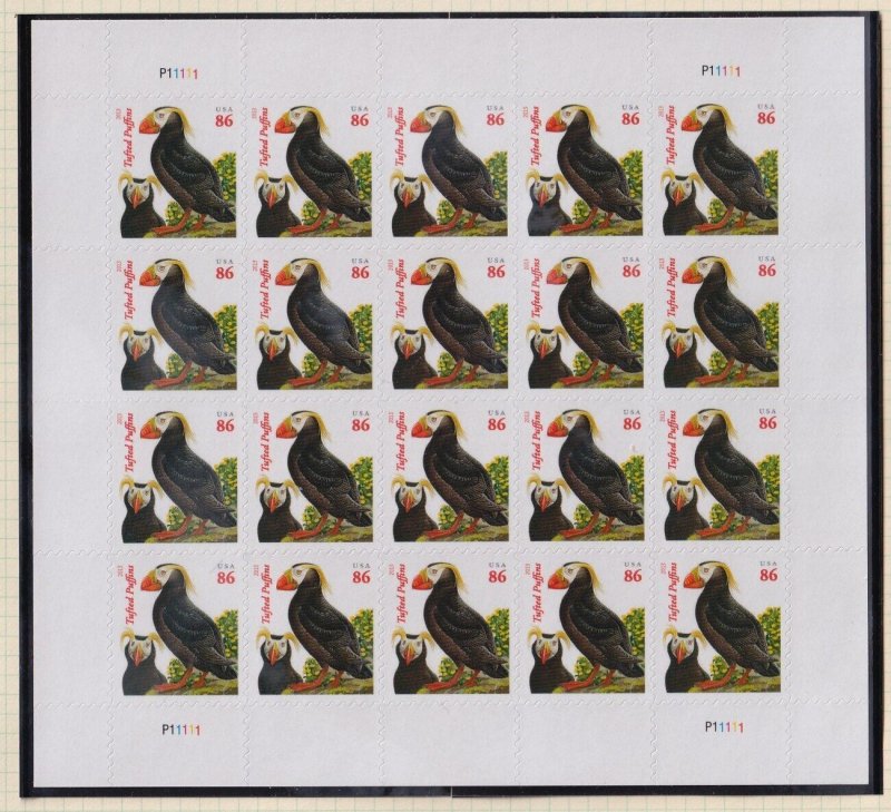 2013 Tufted Puffins Sc 4737 MNH 86c pane of 20 plate number P11111