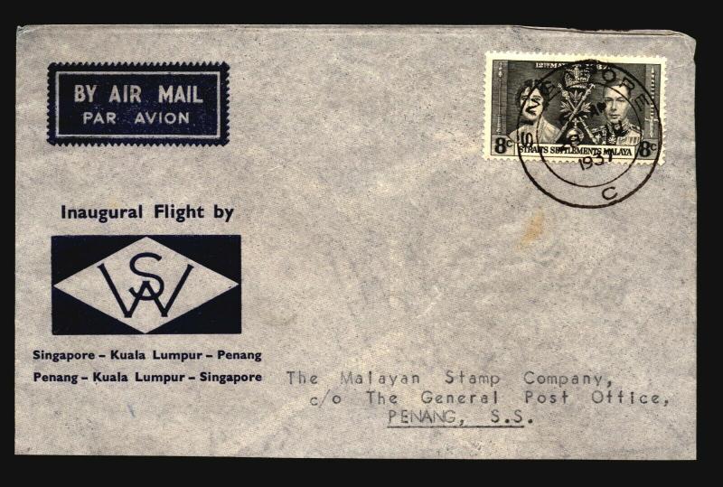 Straits Settlements 1937 Airmail Cover Singapore to Penang - Z14703