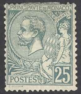 Monaco Sc# 20 MH (hinge remnant) 1891-1921 25c green Prince Albert I