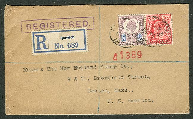 GREAT BRITAIN 1907, 5p + 1p (#’s128,134) tied reg cover