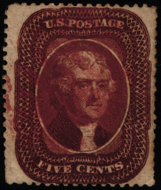 Scott #29 - VF - Brown - Jefferson - Type I - Used Magenta Cancel - 1859