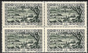 SAAR 1934 15c SAAR VALLEY PLEBISCITE Overprint Sc 140 BLOCK OF 4 MNH