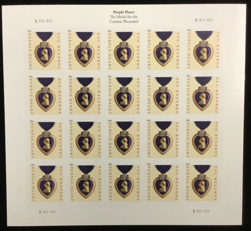 4529    Purple Heart    MNH  Forever sheet of 20    FV $11.00    Issued In 2011