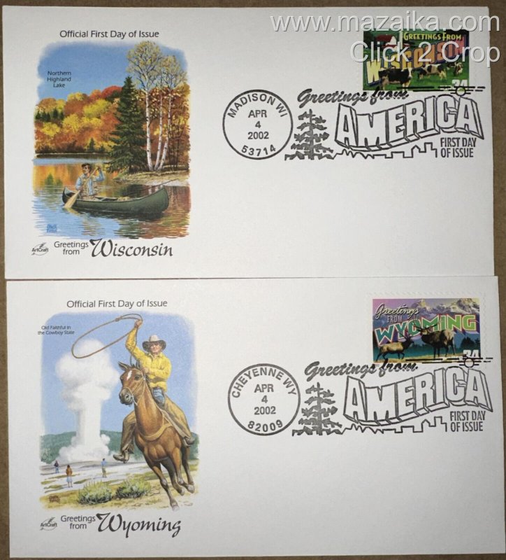 2002 GREETINGS FROM AMERICA COMPLETE SET SUPERB COLOR FDCs & 50 STATES STAMPS