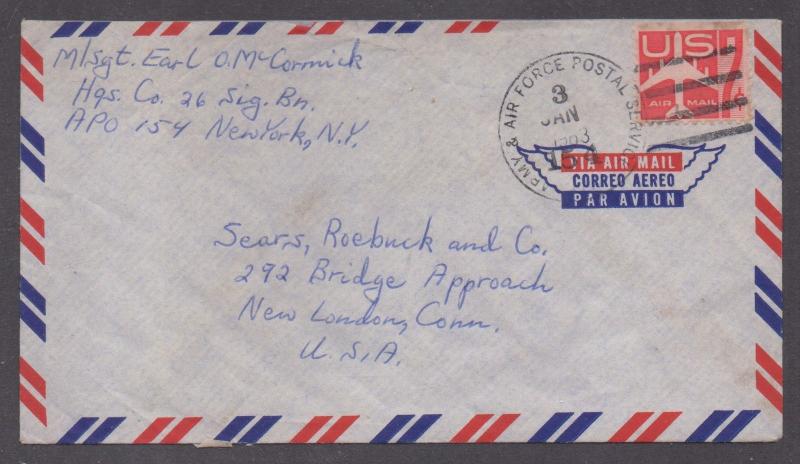 **US Airmail APO Cover, APO #154, 1/3 CDS to New London, CT CV $25.00