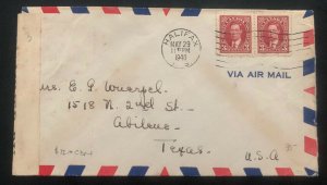 1940 Halifax Canada Censored Airmail Cover Abilene TX USA Patriotic Seal