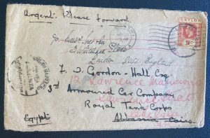 1927 Ceylon Cover To Royal Tank Corps Cairo Egypt