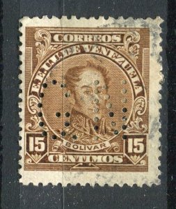 VENEZUELA; Early 1900s classic Official issue used 15c. + PERFIN ' GN '