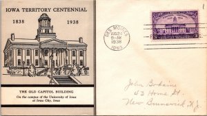FDC 1938 SC #838 Linprint Cachet, Old Capitol Bldg - Des Moines, IA - J5422