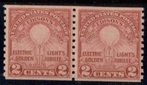 US #656 2¢  Edison, Coil Pair, og, NH, XF, Scott $45.00